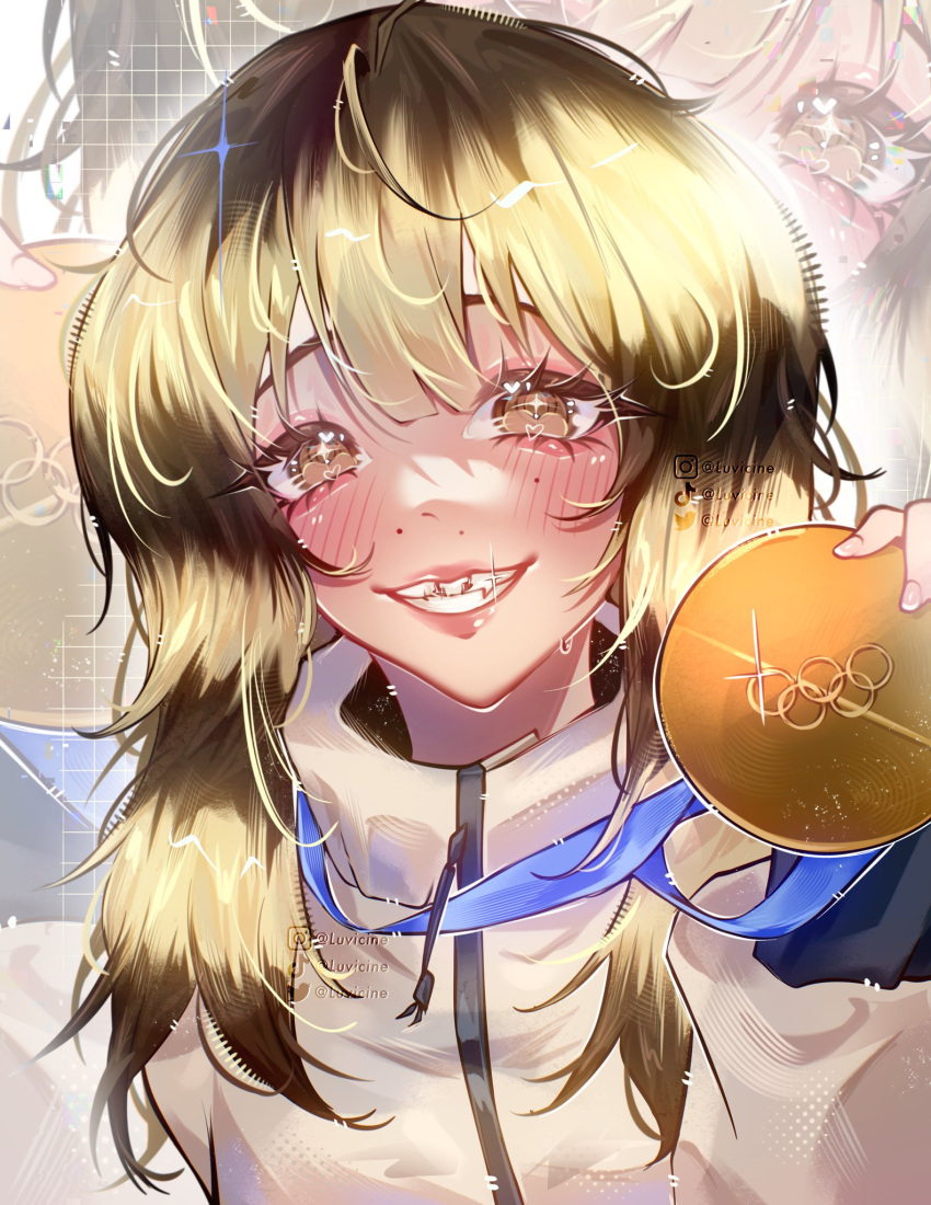 1girl, 2026_winter_olympics, alysa_liu, animification, blonde_hair, blush, brown_eyes, brown_hair