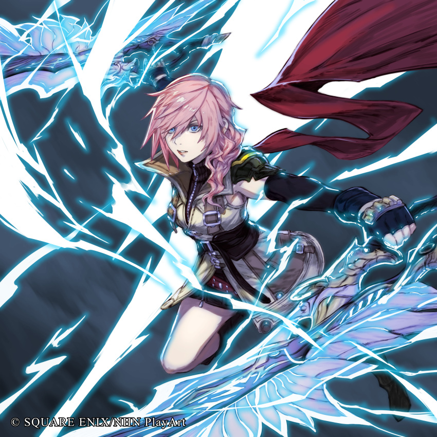 1girl, absurdres, blue_eyes, cape, copyright_notice, dissidia_duellum_final_fantasy, dissidia_final_fantasy, dual_wielding