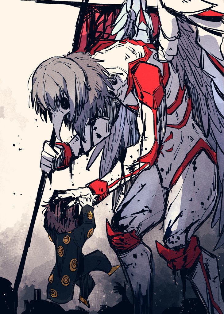2others, angel_wings, apostle_(project_moon), beak, defeat, e.g.o_(project_moon), employee_(project_moon), grey_hair