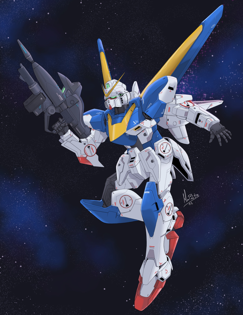 2025, absurdres, artist_name, english_commentary, flying, green_eyes, gun, gundam, highres, holding, holding_gun, holding_weapon, mattikron, mecha, mecha_focus, mobile_suit, no_humans, open_hand, robot, science_fiction, space, star_(symbol), v-fin, v2_gundam, victory_gundam, weapon