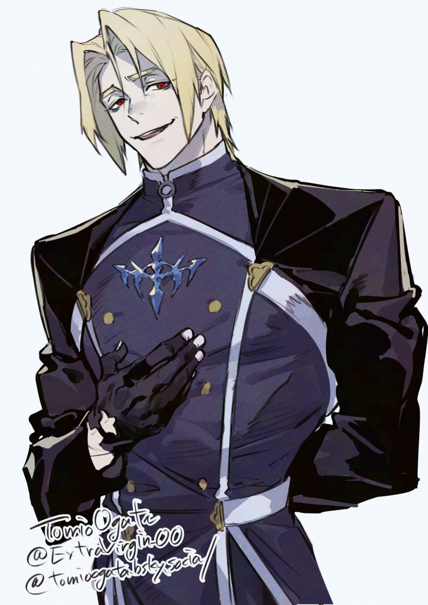 1boy, black_gloves, blonde_hair, brooch, colored_eyelashes, gloves, grin, hair_intakes
