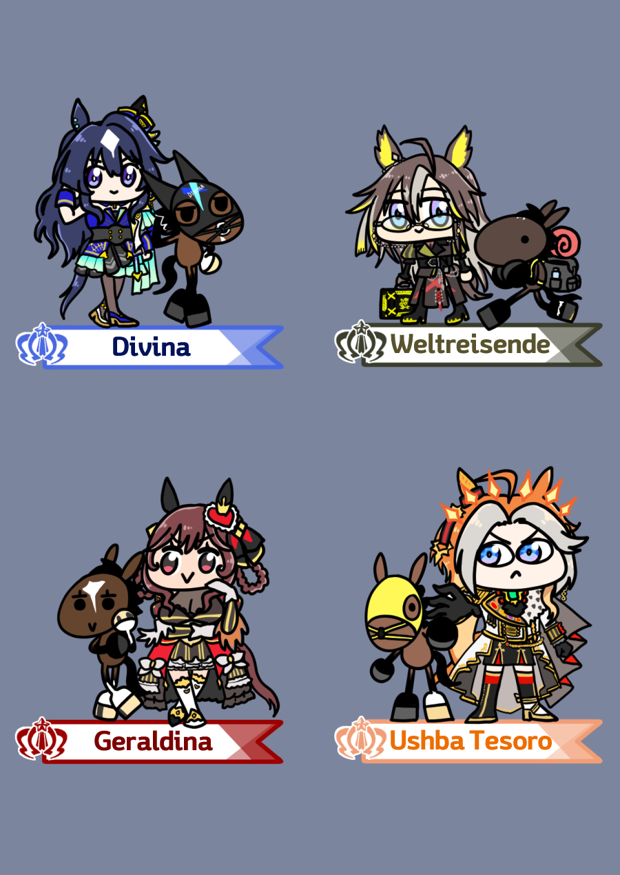 4girls, ahoge, almondjelly, animal_ears, blue_eyes, blue_hair, brown_hair, divina_(racehorse)