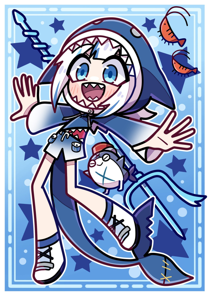 1girl, :d, akina_mochi, animal_hood, bloop_(gawr_gura), blue_background, blue_border, blue_eyes