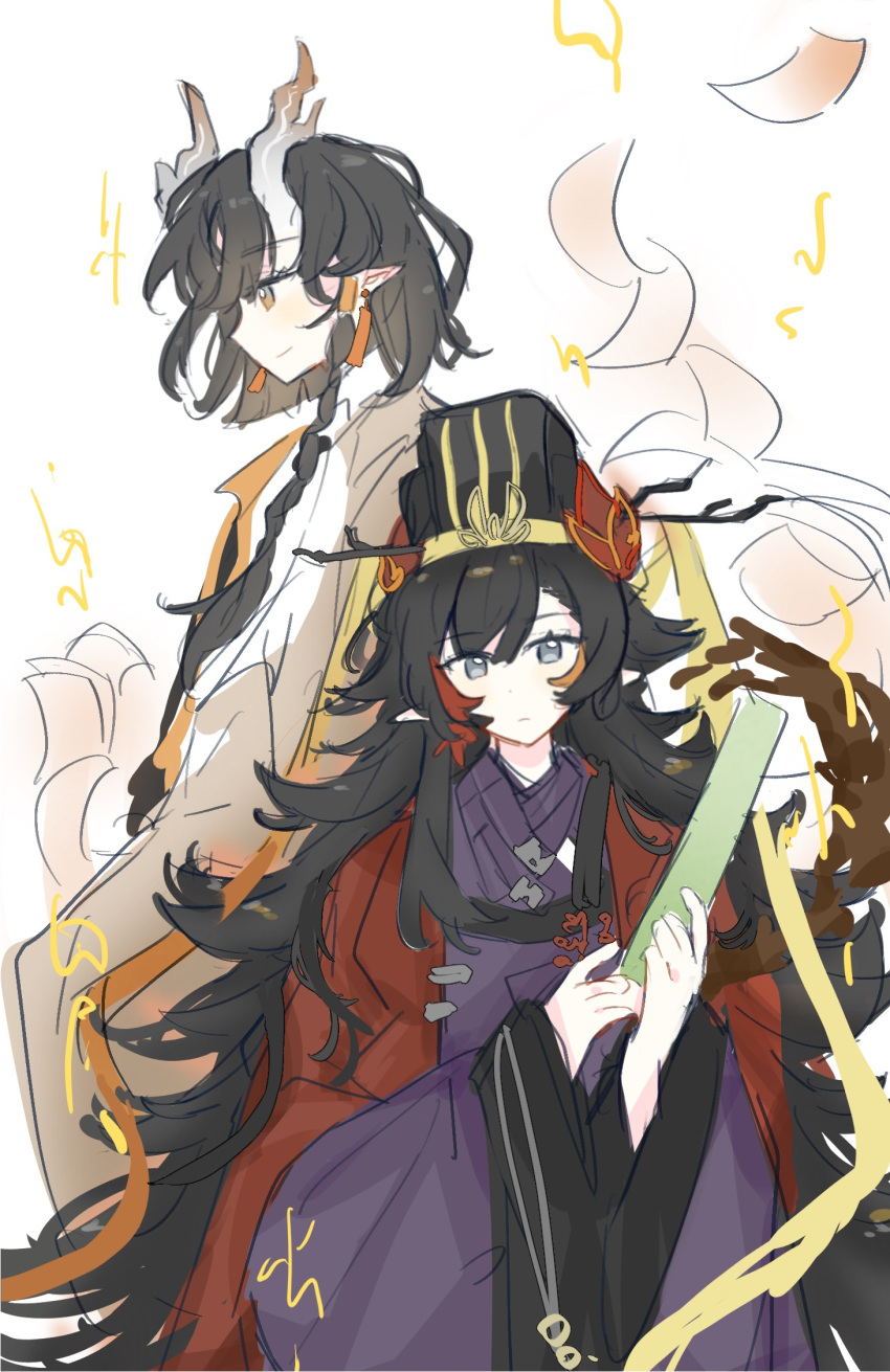 2girls, arknights, behind_another, black_hair, braid, chinese_clothes, chinese_commentary, chun_(arknights), commentary_request, dragon_horns, earrings, eastern_dragon_horns, flipped_hair, floating_paper, gingaroku, gradient_horns, grey_eyes, guan_hat, highres, holding, horns, huban, jacket, jewelry, jie_(arknights), long_hair, maple_leaf_hair_ornament, multicolored_hair, multicolored_horns, multiple_girls, pointy_ears, profile, purple_hanfu, purple_robe, red_jacket, red_streaks, robe, short_hair, side_braid, sketch, skin-covered_horns, smile, streaked_hair, tassel, tassel_earrings, white_background, wide_sleeves