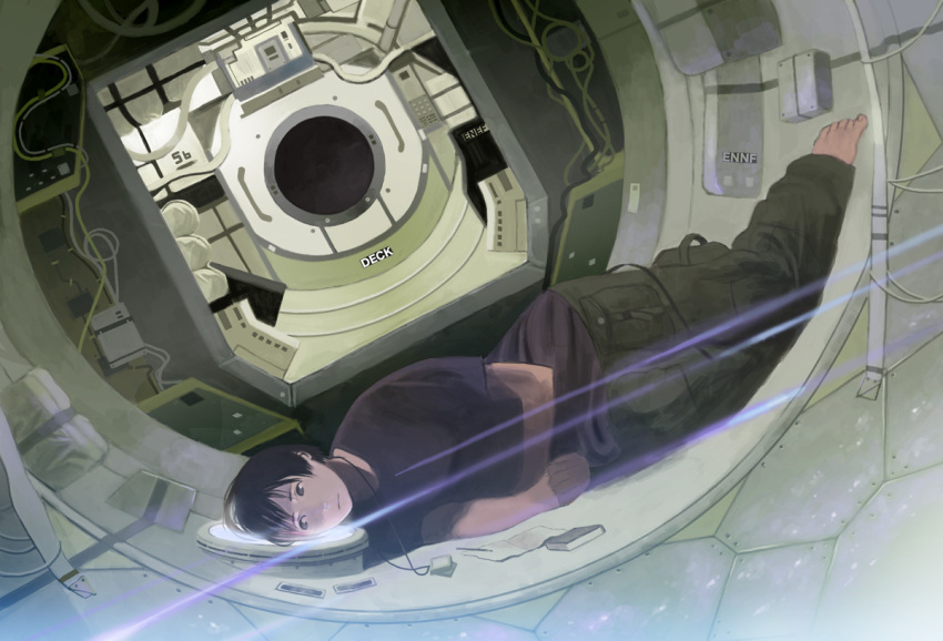 black_eyes, black_hair, cable, international_space_station, lens_flare, lying, notepad, on_side, original, pen, shiira, short_hair, solo, spacecraft_interior, window