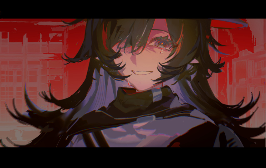 1girl, arknights, black_cape, black_hair, cape, chinese_commentary, chun_(arknights), colored_inner_hair