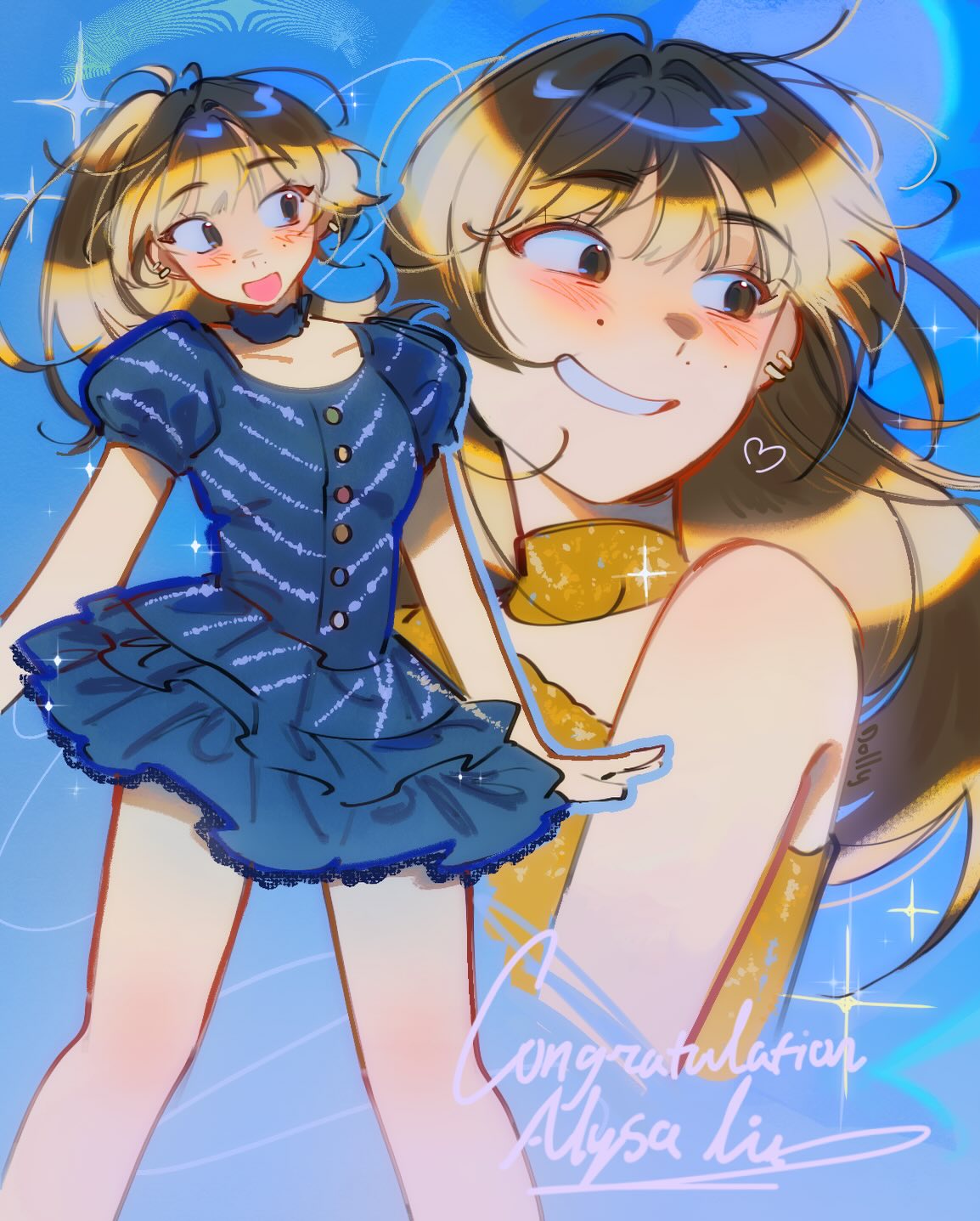 1girl, 2026_winter_olympics, alysa_liu, animification, blonde_hair, blue_background, blue_choker, blue_dress