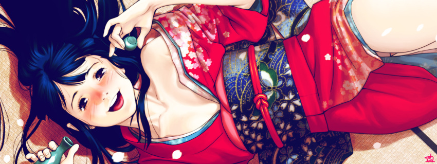 blush, collarbone, drunk, face, flower, hands, highres, japanese_clothes, kimono, laughing, long_hair, sake, smile, solo, sukinahito