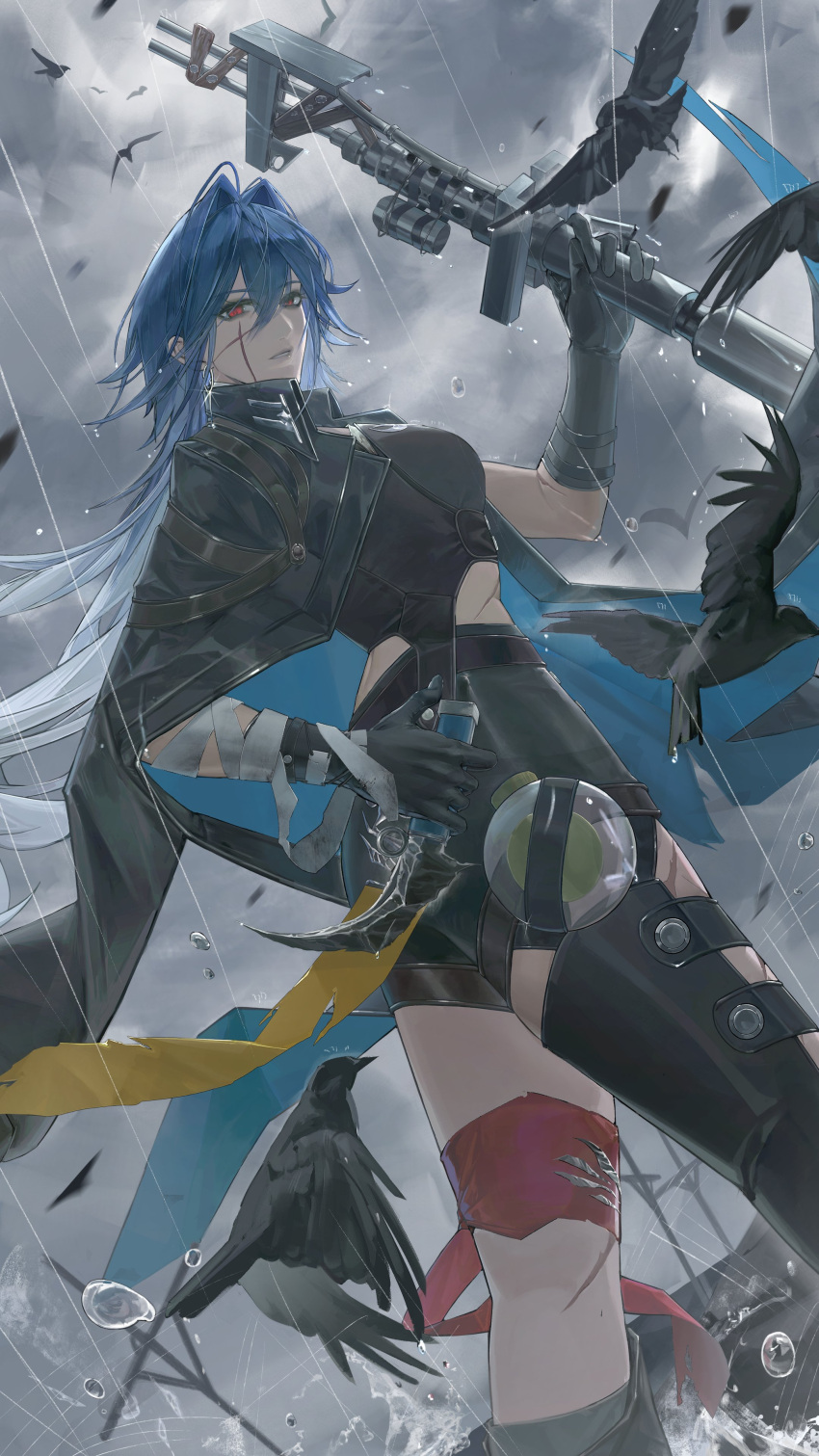 1girl, absurdres, alidu, bird, black_gloves, blue_hair, ceto_(path_to_nowhere), clouds, cloudy_sky, commentary, crow, from_behind, from_side, gloves, highres, holding, looking_at_viewer, ocean, outdoors, path_to_nowhere, rain, red_eyes, sky, solo, twisted_torso, untranslatable_commentary, water_drop