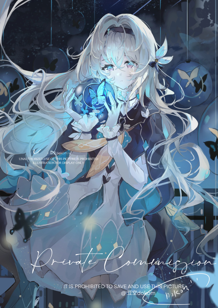 1girl, absurdres, black_hairband, black_jacket, blue_butterfly, bow, bug, butterfly