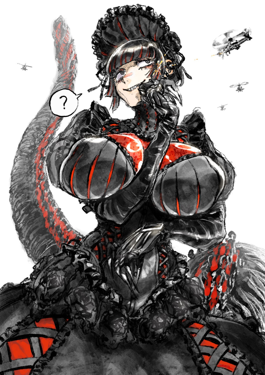 1girl, ?, aircraft, arm_between_breasts, attack_helicopter, between_breasts, bioluminescence, black_bonnet