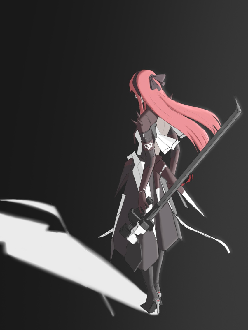1girl, black_hairband, black_ribbon, commentary_request, dual_wielding, facing_away, from_behind, full_body