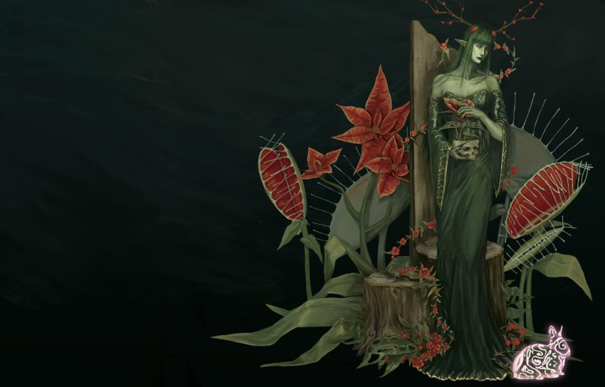 1girl, antlers, bare_shoulders, blunt_bangs, breasts, chair, closed_mouth, collarbone