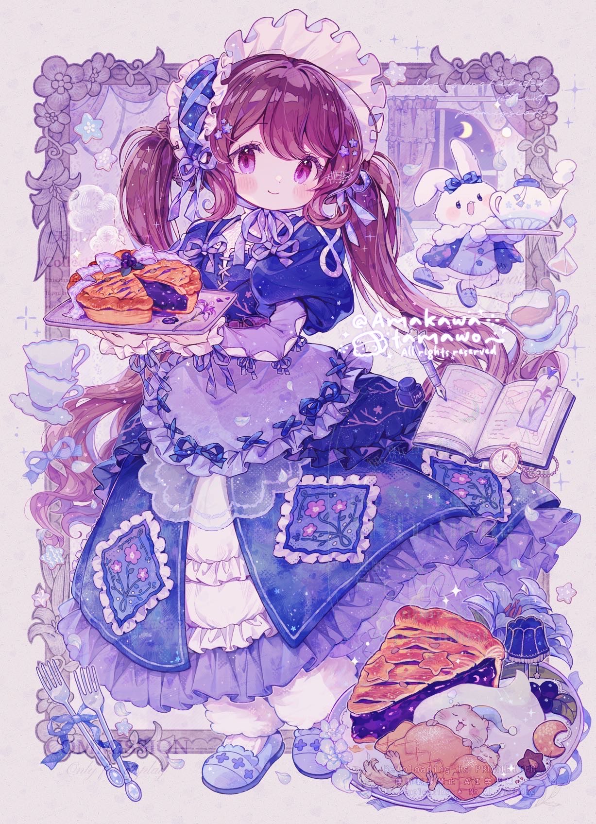 1girl, amakawa_tamawo, animal, artist_name, blue_bonnet, blue_dress, blue_slippers, blueberry_pie