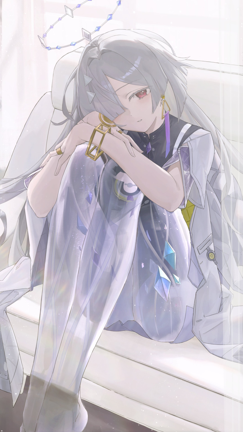 1girl, absurdres, alidu, arms_on_knees, feet_out_of_frame, hair_over_one_eye, halo, hashtag-only_commentary