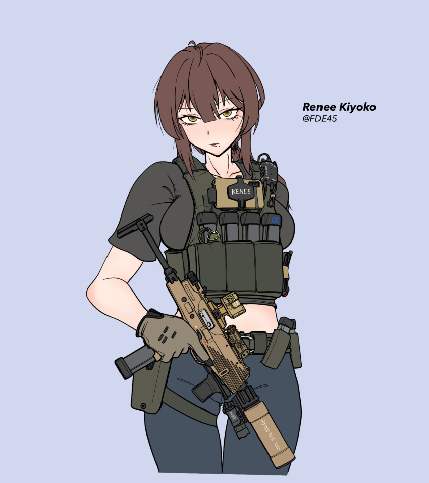 1girl, artist_name, b&amp;t_mp9, commentary, english_commentary, gun, highres, looking_at_viewer, military, military_combat_uniform, military_uniform, original, soldier, submachine_gun, tactical_clothes, tacticalhoshino, weapon, white_background