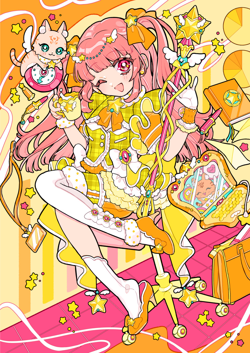 1girl, ;d, absurdres, amaharu_wasure, asymmetrical_legwear, bag, blunt_bangs, blush