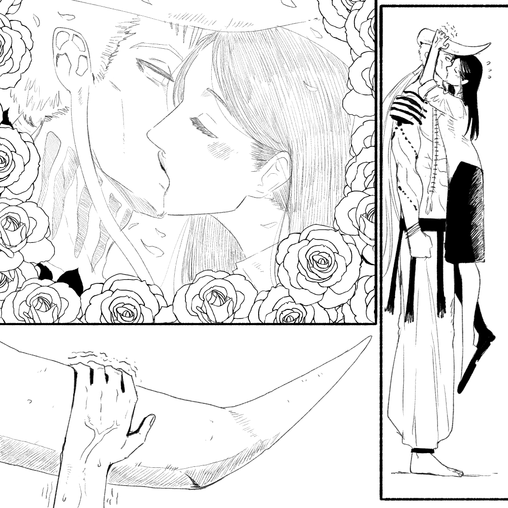 1boy, 1girl, arm_tattoo, blush, closed_eyes, commentary, couple, dabura_karaba