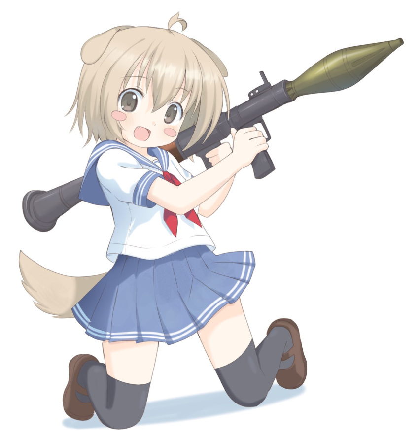 1girl, 2000s_(style), :d, ahoge, animal_ears, black_thighhighs, blue_skirt, blush_stickers