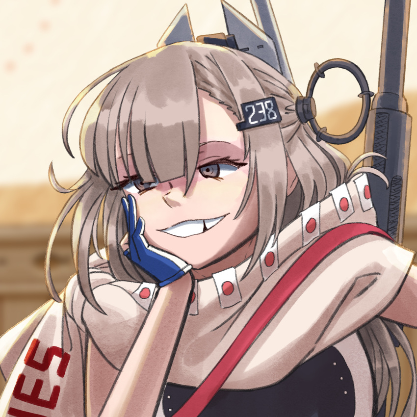 blue_gloves, blunt_bangs, chipped_tooth, clothes_writing, english_commentary, gloves, grey_eyes, grey_hair, grin, hand_on_own_face, headgear, highres, kantai_collection, kill_markings, long_hair, partially_fingerless_gloves, ron_(pixiv83091338), scarf, smile, wahoo_(kancolle), wahoo_kai_(kancolle), white_scarf
