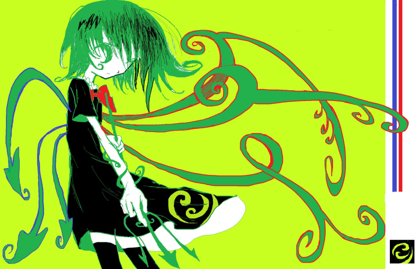 1girl, :|, asymmetrical_wings, black_dress, black_thighhighs, closed_mouth, dress, expressionless