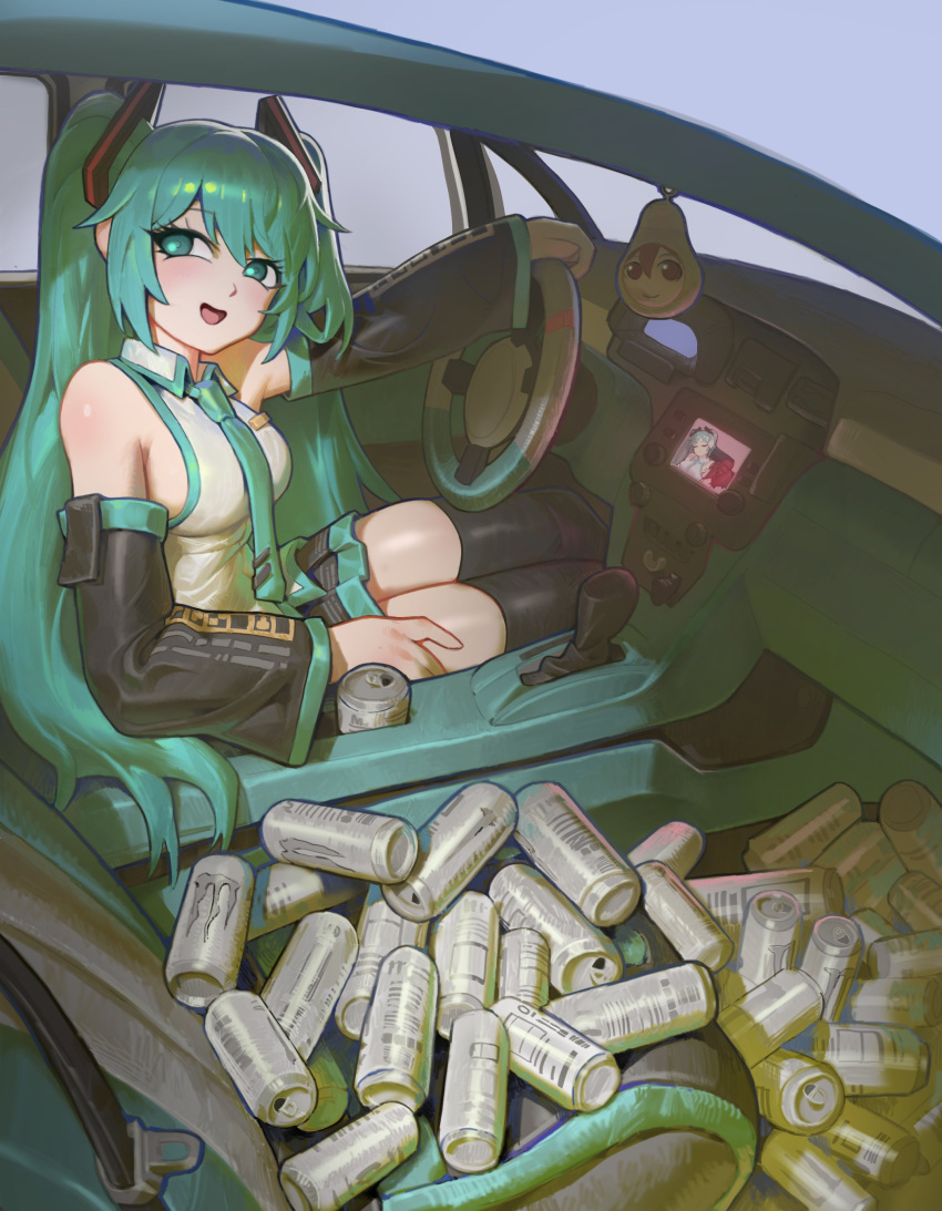 1girl, absurdres, aqua_eyes, aqua_hair, bare_shoulders, black_skirt, black_thighhighs, blue_necktie