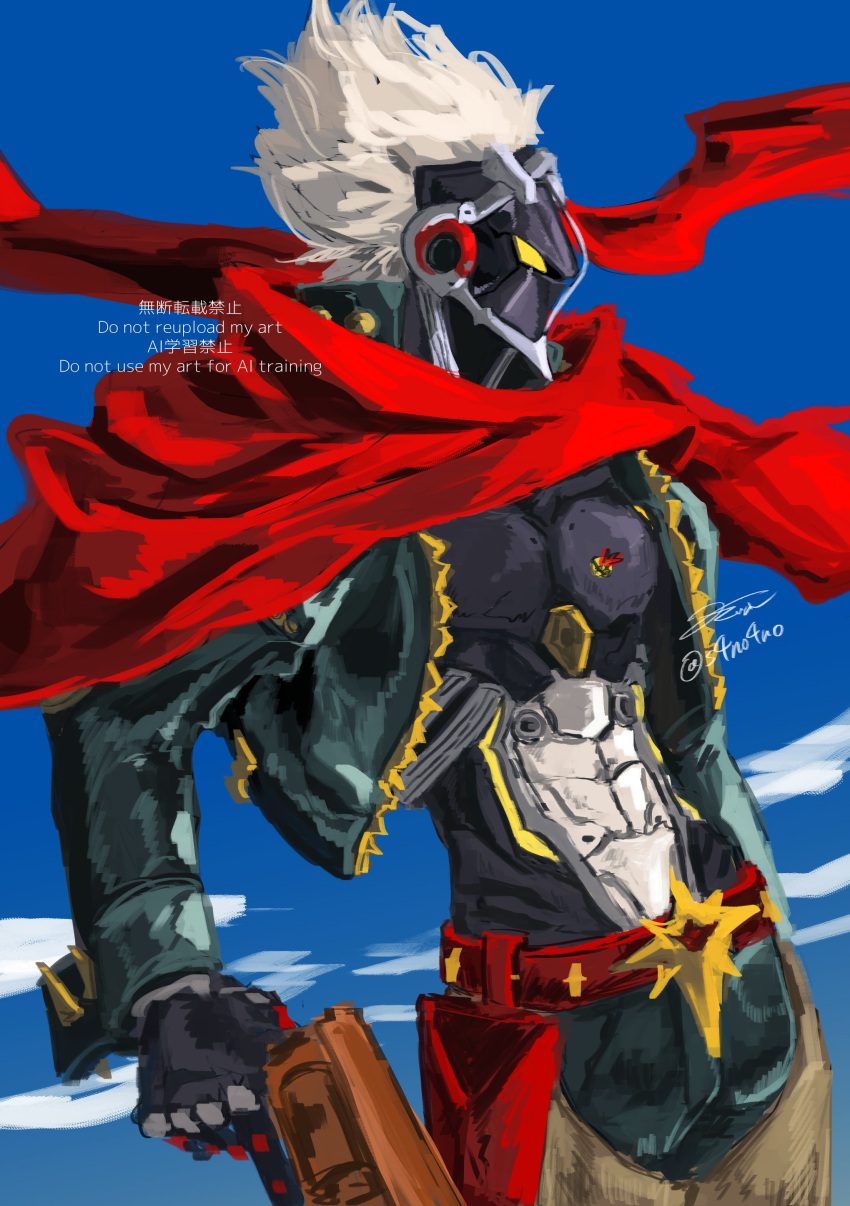 1boy, absurdres, alternate_costume, belt_pouch, billy_kid, blue_background, clothed_robot, cowboy_shot