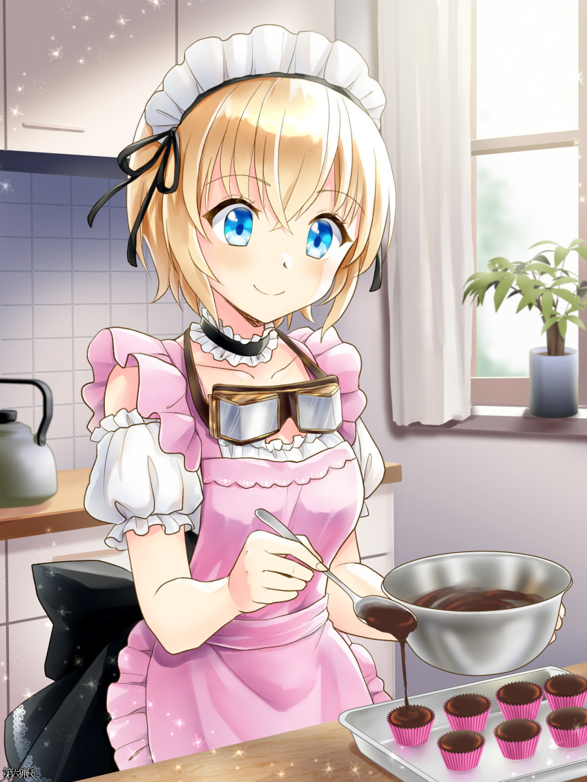 1girl, apron, back_bow, blonde_hair, blue_eyes, bow, cake_batter, commentary_request, copyright_name, cupcake, dairoku_ryouhei, food, goggles, goggles_around_neck, highres, inaho_misuzu, indoors, kitchen, lilithsphere_starlight, maid_headdress, mixing_bowl, pink_apron, plant, potted_plant, pouring, puffy_sleeves, smile, spoon, teapot