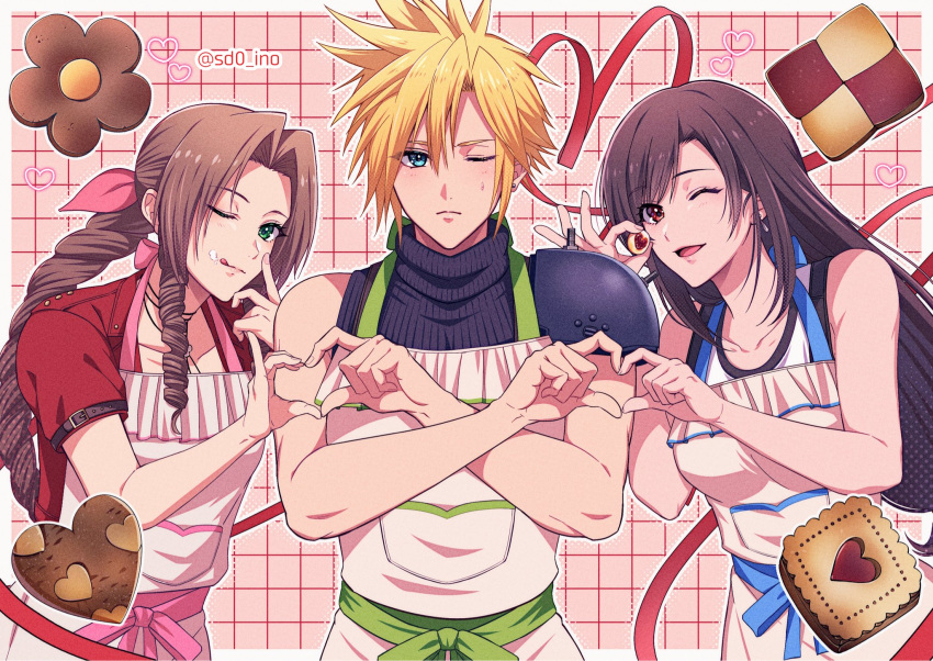 1boy, 2girls, aerith_gainsborough, apron, armor, black_bra, blonde_hair, blue_apron
