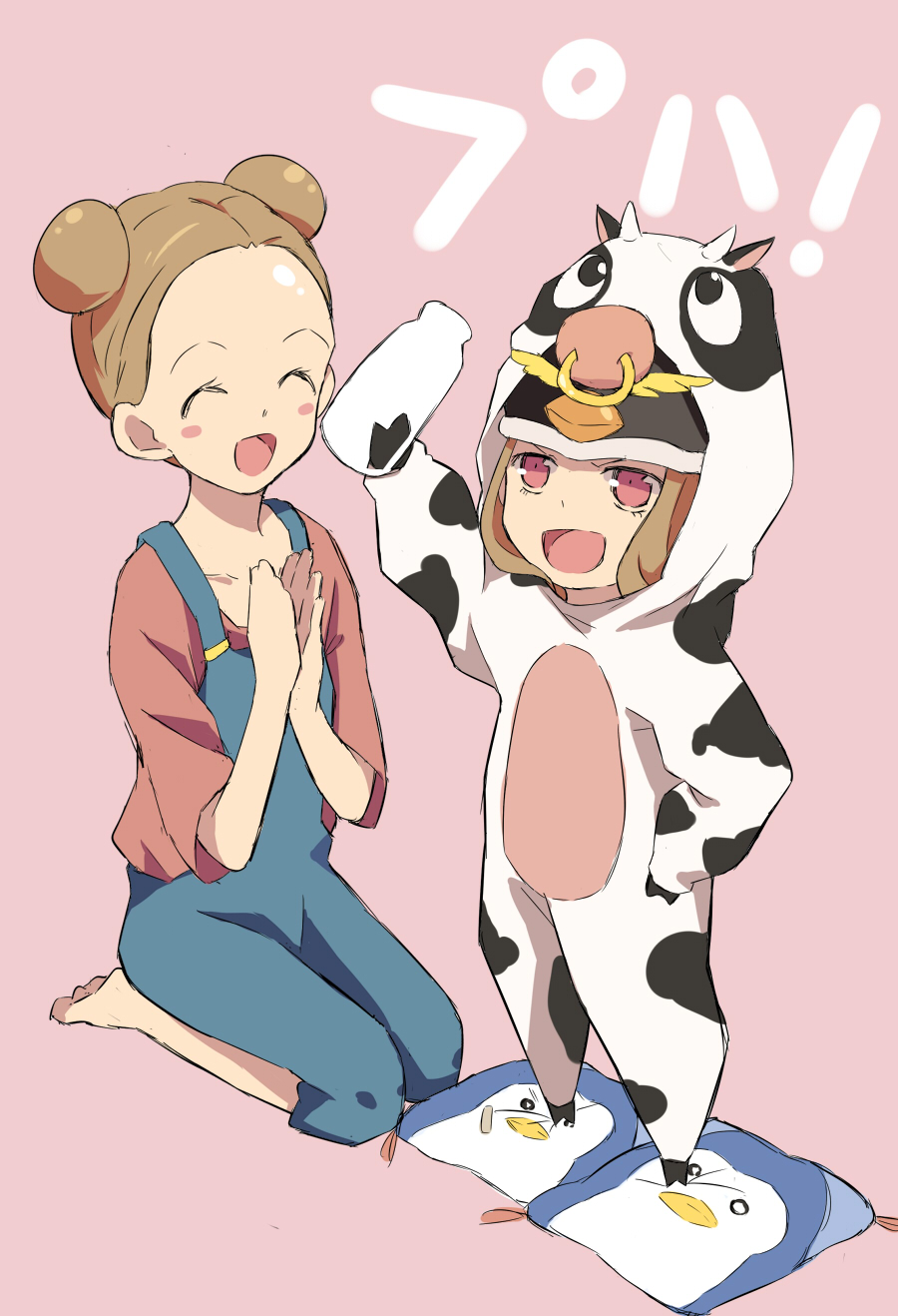 animal_costume, animal_hat, barefoot, bird, blush_stickers, bottle, cow_costume, cow_print, double_bun, dual_persona, hat, highres, mawaru_penguindrum, milk_bottle, open_mouth, overalls, penguin, penguin_1-gou, penguin_2-gou, ponekusan, princess_of_the_crystal, seiza, sitting, smile, standing, takakura_himari