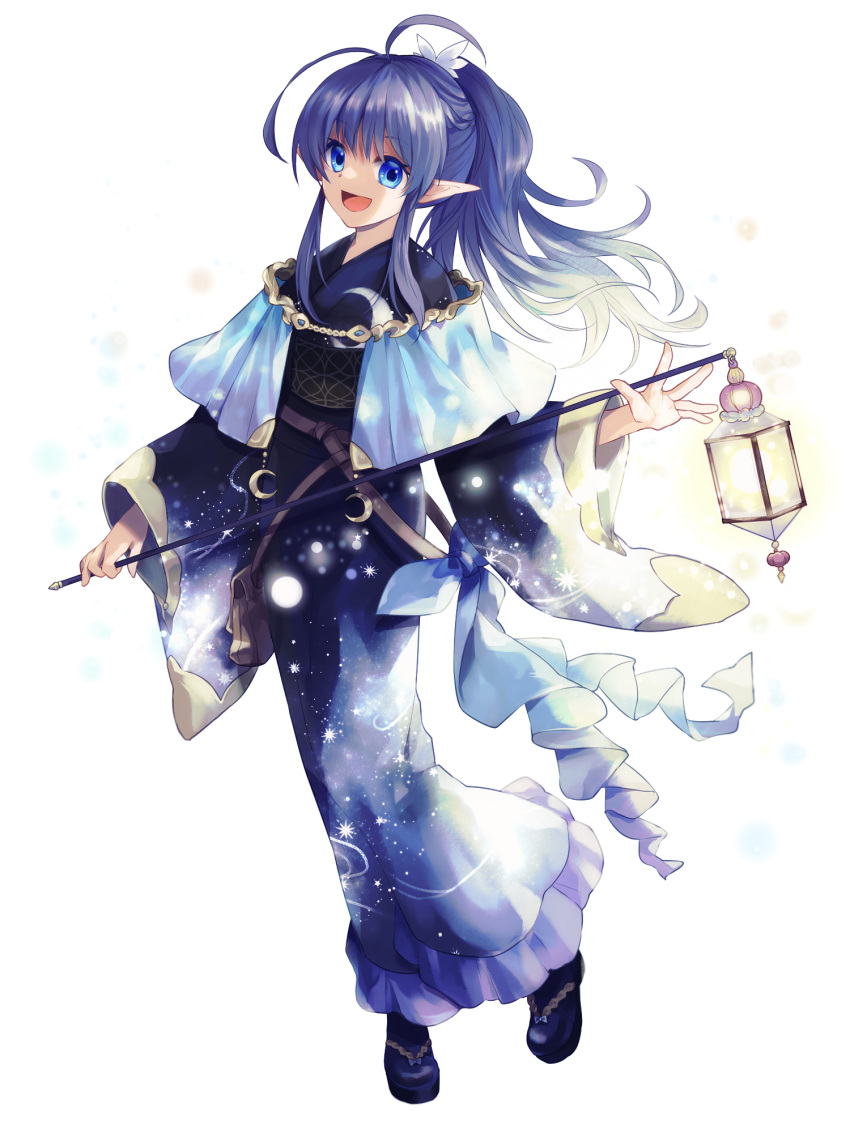1girl, antenna_hair, blue_eyes, blue_hair, capelet, crescent, elf, full_body