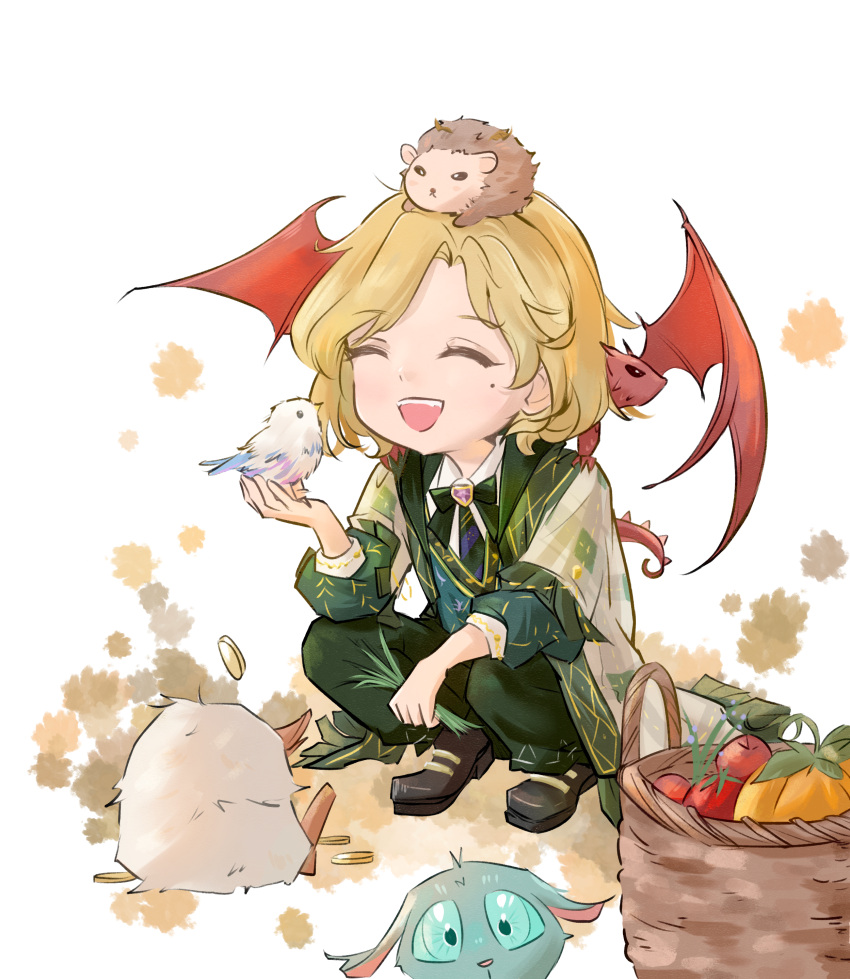 1boy, absurdres, anabellnordin, animal, animal_on_head, animal_on_shoulder, bird, blonde_hair