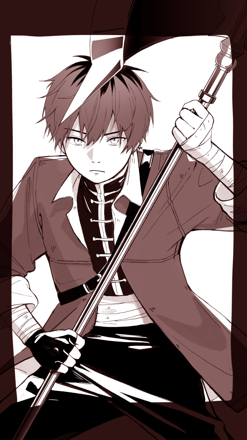 1boy, absurdres, axe, bandaged_arm, bandages, battle_axe, black_gloves, closed_mouth