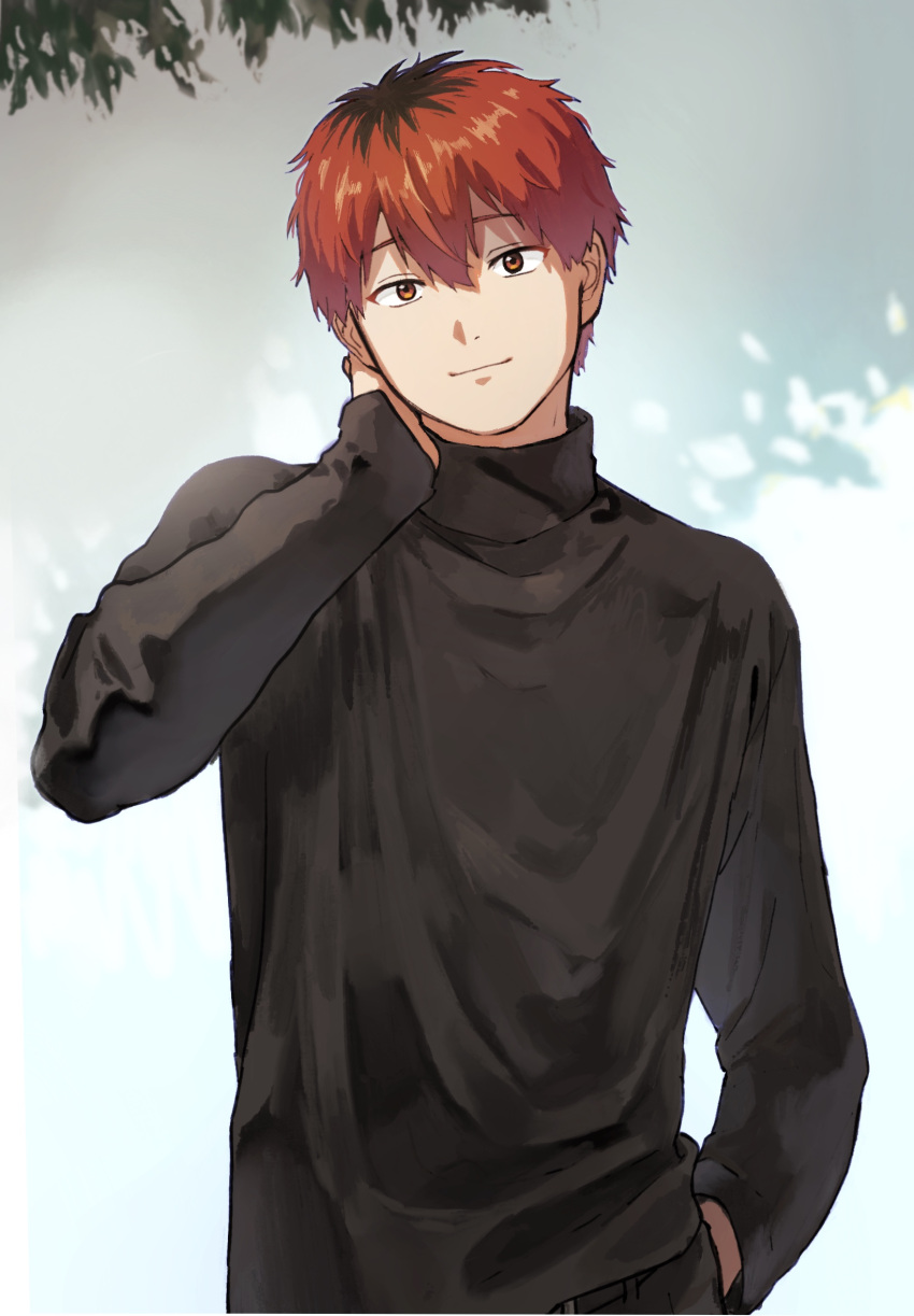 1boy, black_shirt, brown_eyes, closed_mouth, commentary_request, hair_between_eyes, hand_in_pocket, hand_on_own_neck