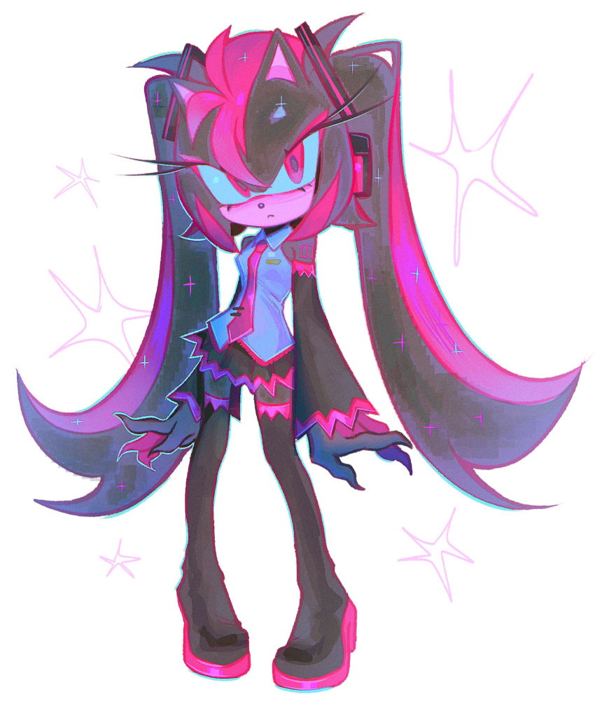commentary, cosplay, crossdressing, crossdressing_(mtf), hatsune_miku, hatsune_miku_(cosplay), hedgehog_boy, highres, long_eyelashes, looking_at_viewer, multicolored_hair, necktie, number_tattoo, pink_necktie, sa1k_a, shadow_the_hedgehog, sonic_(series), sparkle_background, tattoo, two-tone_hair, vocaloid_boxart_pose, white_background
