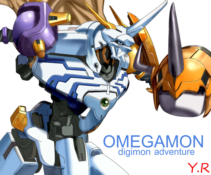 blue_eyes, cape, digimon, digimon_adventure, highres, horn, no_humans, omegamon