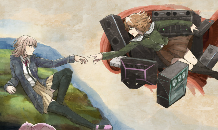 1boy, 1girl, ahoge, brown_eyes, brown_hair, collared_shirt, danganronpa_(series), danganronpa_2:_goodbye_despair