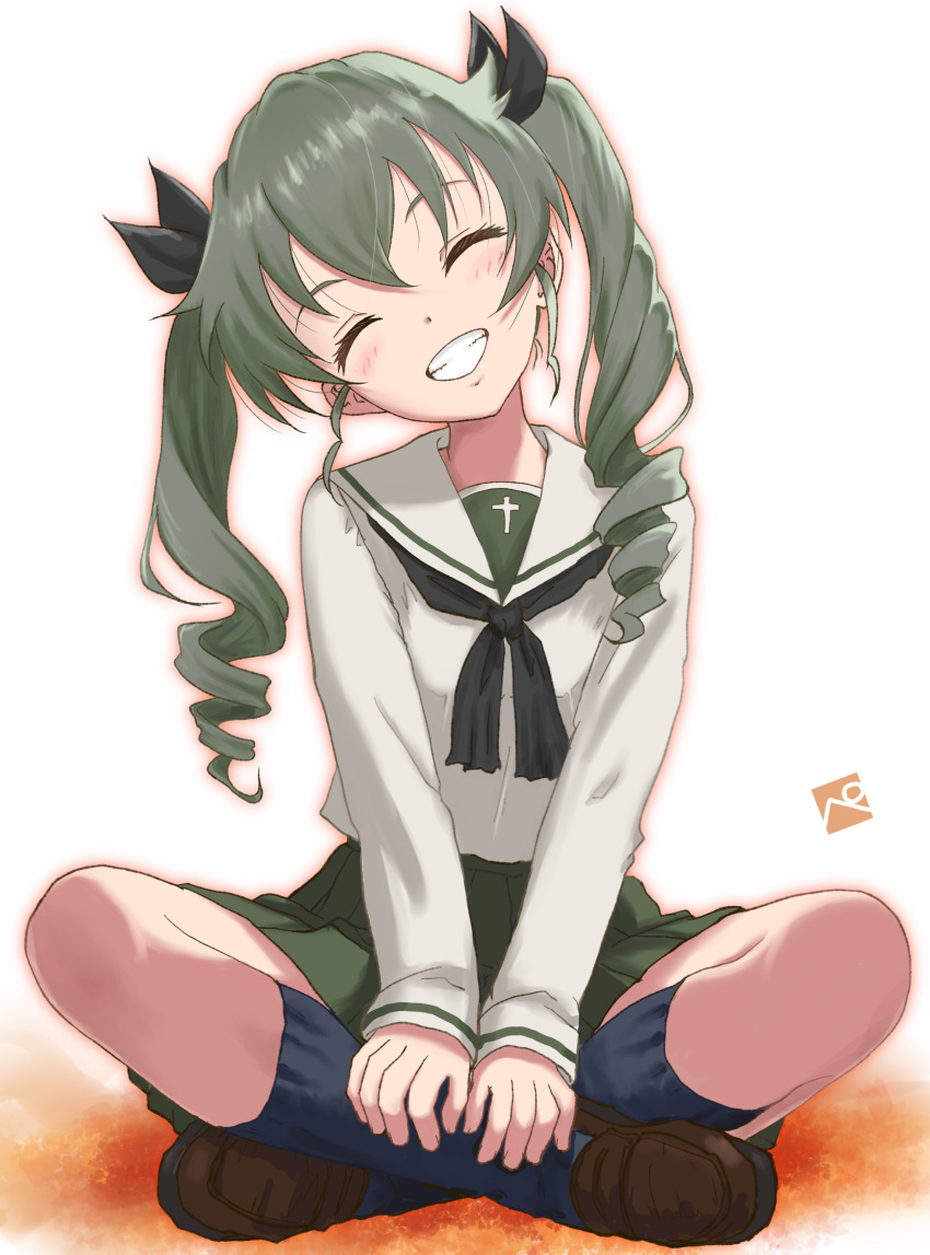 1girl, ^_^, absurdres, alternate_costume, anchovy_(girls_und_panzer), black_bow, black_neckerchief, black_socks
