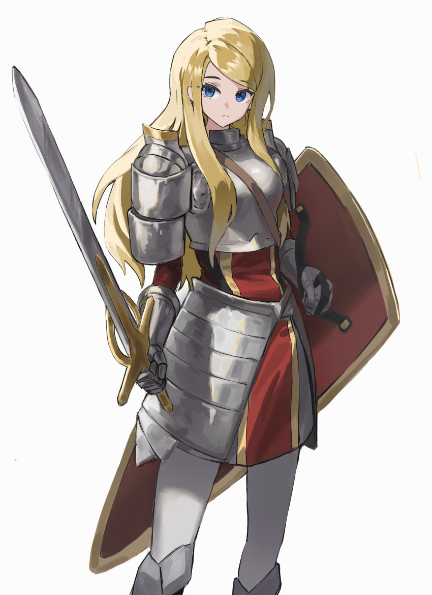 1girl, absurdres, armor, armored_skirt, blonde_hair, blue_eyes, commentary_request, full_body