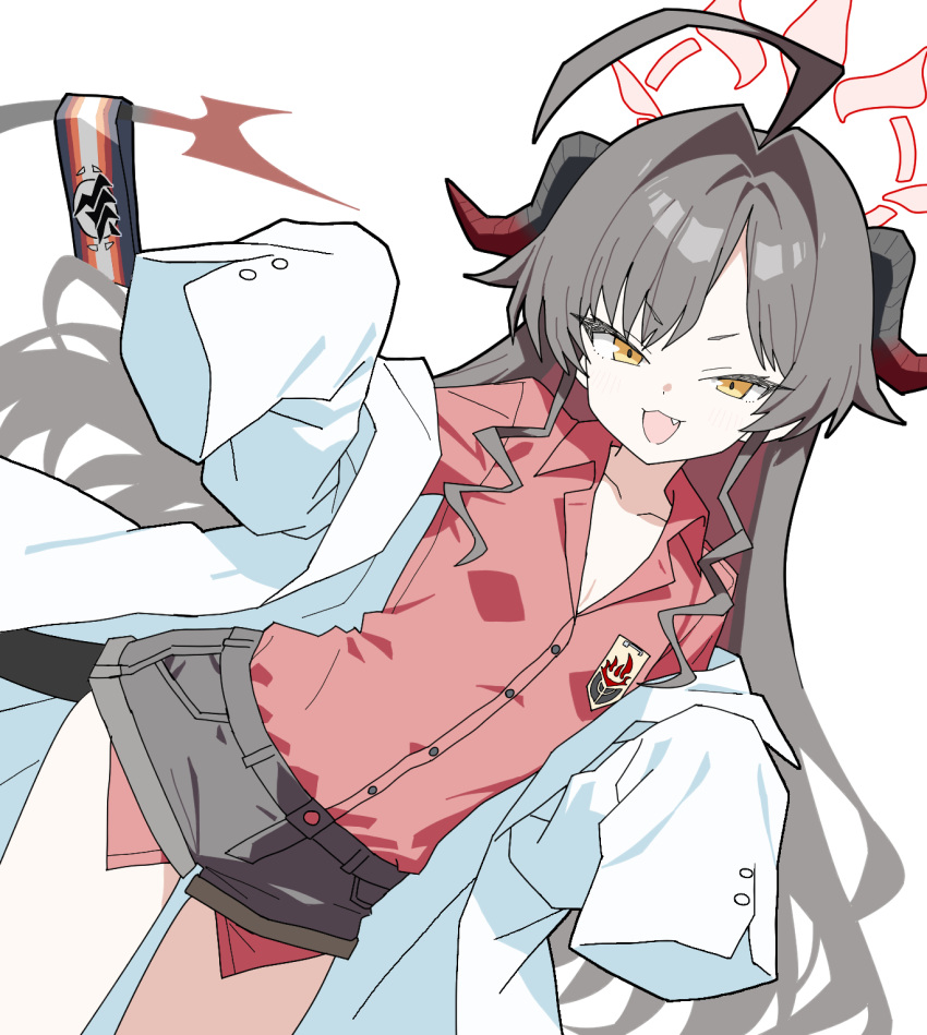 1girl, ahoge, blue_archive, commentary_request, demon_horns, demon_tail, fang, flat_chest