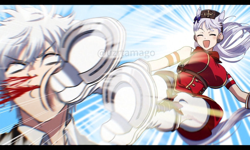 1boy, 1girl, animal_ears, crossover, flying_kick, gintama, gold_ship_(umamusume), highres