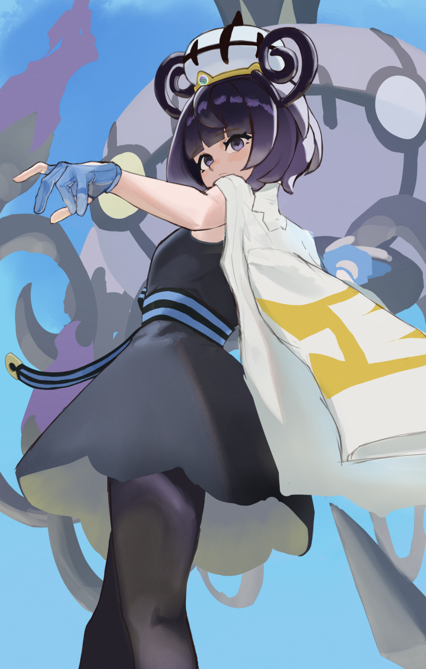 1girl, belt, black_dress, black_hair, black_pantyhose, blue_background, blue_belt, blue_gloves, blunt_bangs, chandelure, coat, coat_on_shoulders, commentary, dress, gloves, grey_eyes, gwynn_(pokemon), hat, highres, kaameemon, looking_down, pantyhose, partially_fingerless_gloves, pokemon, pokemon_(creature), pokemon_legends:_z-a, short_hair, striped_belt