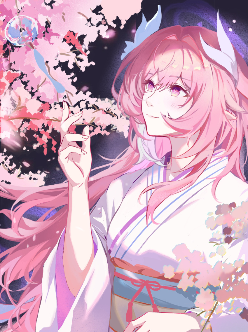 1girl, absurdres, alternate_costume, cherry_blossoms, commentary, cyrene_(demiurge)_(honkai:_star_rail), cyrene_(honkai:_star_rail), diamond-shaped_pupils