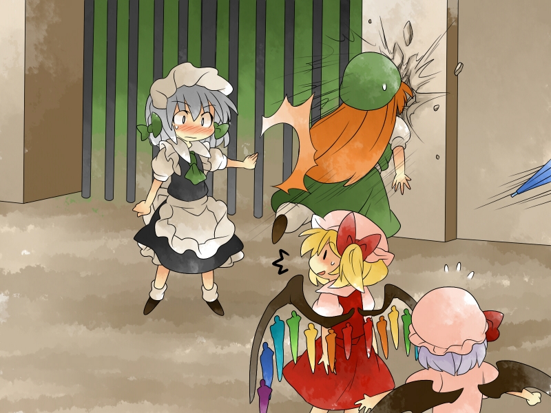 aenobas, blonde_hair, blush, bow, braid, flandre_scarlet, gate, hair_bow