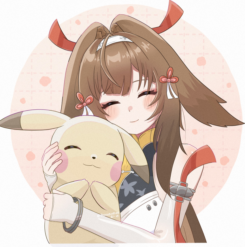 1girl, affectionate, blush, bracelet, brown_hair, closed_eyes, closed_mouth, commentary_request