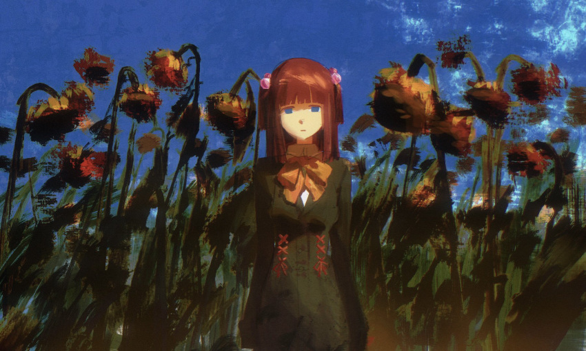 1girl, blue_eyes, blue_sky, empty_eyes, field, flower, flower_field, hashtag-only_commentary