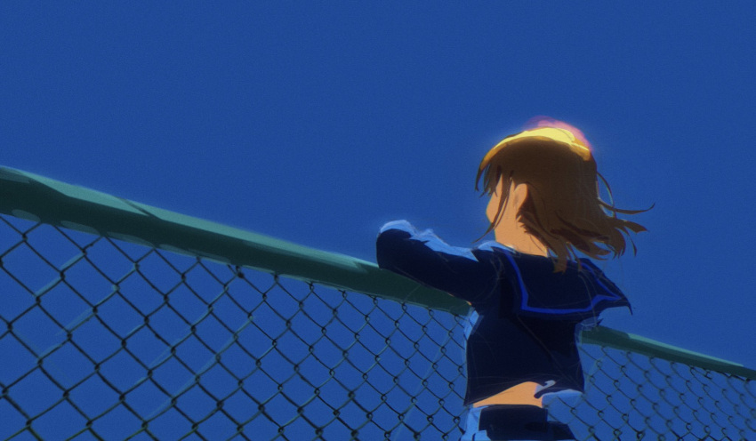 1girl, aged_down, blue_shirt, blue_skirt, blue_sky, brown_hair, chain-link_fence, fence