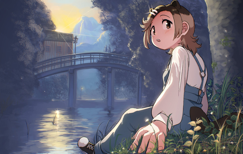 1girl, animal_ears, beaver_ears, beaver_girl, beaver_tail, bridge, brown_eyes, brown_hair