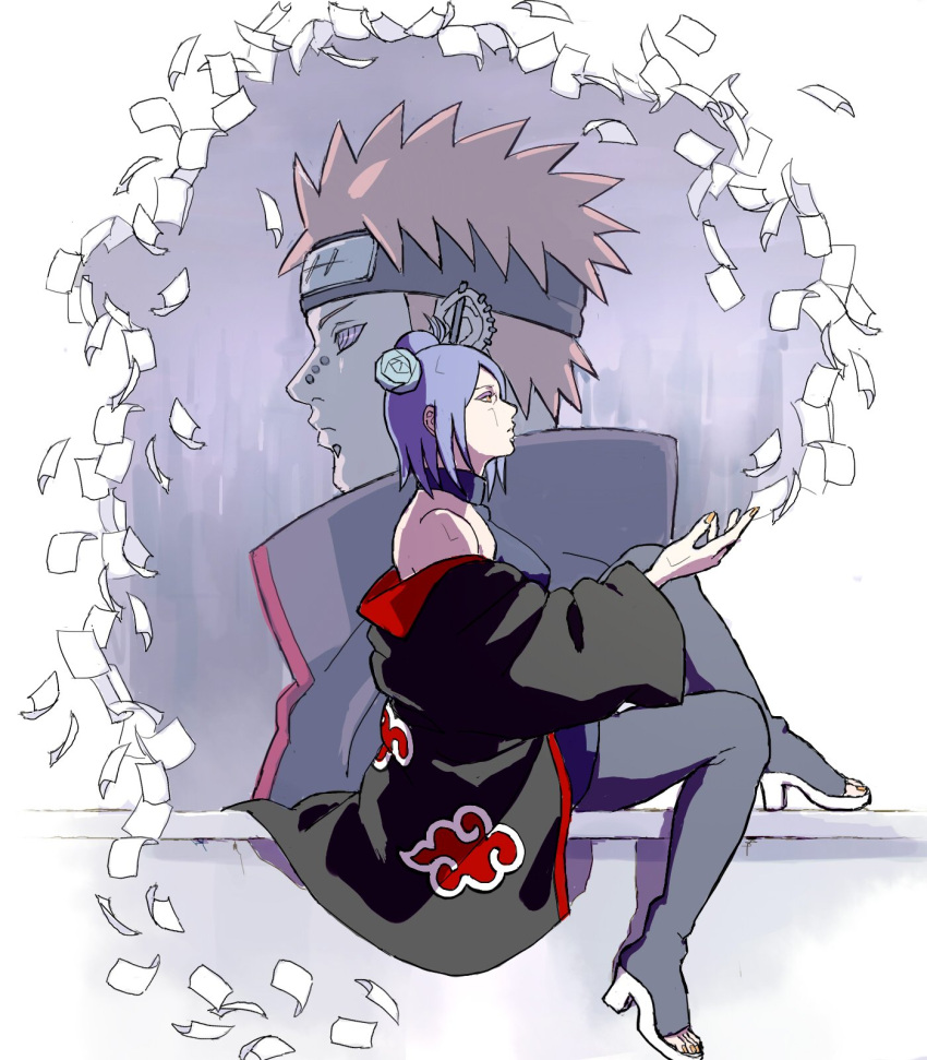 1boy, 1girl, akatsuki_uniform, face_piercing, forehead_protector, highres, konan_(naruto), lip_piercing