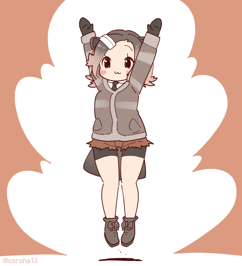 1girl, animal_ears, arms_up, beaver_ears, beaver_girl, beaver_tail, boots, brown_background